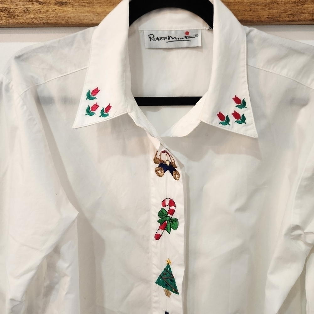VINTAGE Peter Martin White Cotton Long sleeve Embroidered Shirt Christmas SZ10
